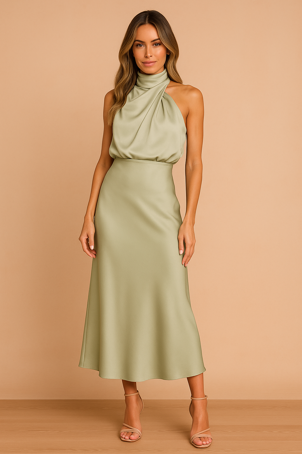 Women's Elegant Midi Dress with Draped Neckline Lightweight Fabric 4