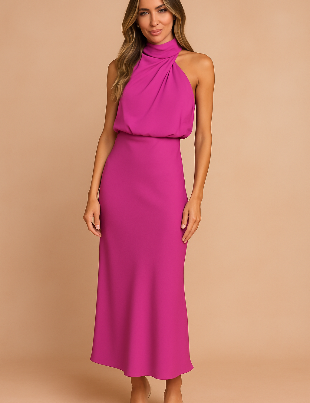 Women's Elegant Midi Dress with Draped Neckline Lightweight Fabric 5