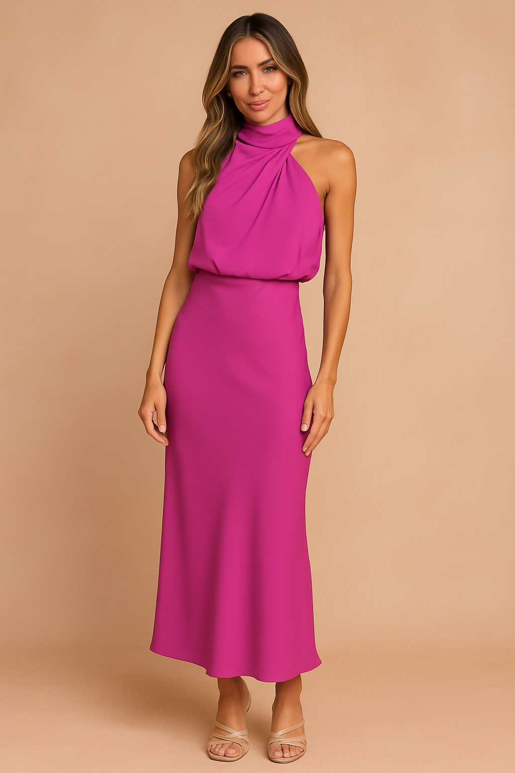 Women's Elegant Midi Dress with Draped Neckline Lightweight Fabric 5
